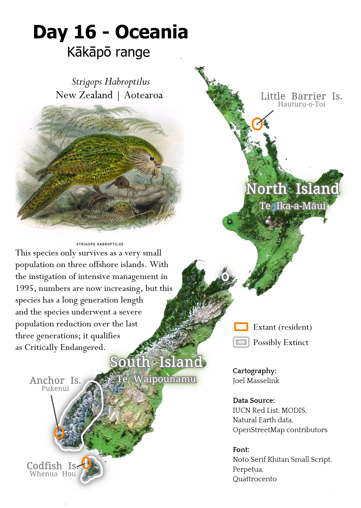 Range map of Kākāpō, New Zealand